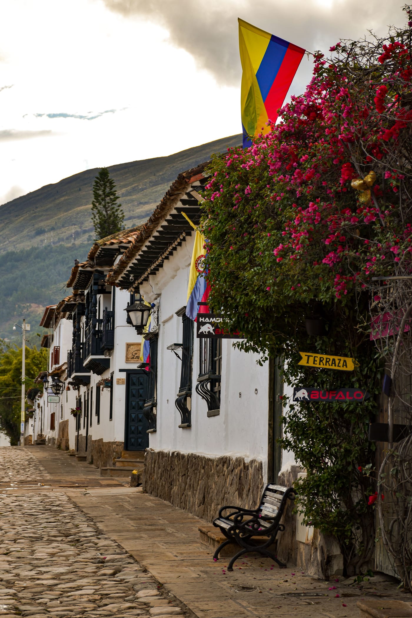 Calle colonial de Villa de Leyva con bandera de Colombia y buganvillas en flor