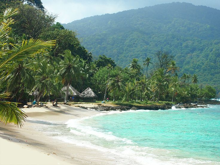 Playa de arena blanca con cabañas de paja entre la selva y el mar turquesa en Capurganá