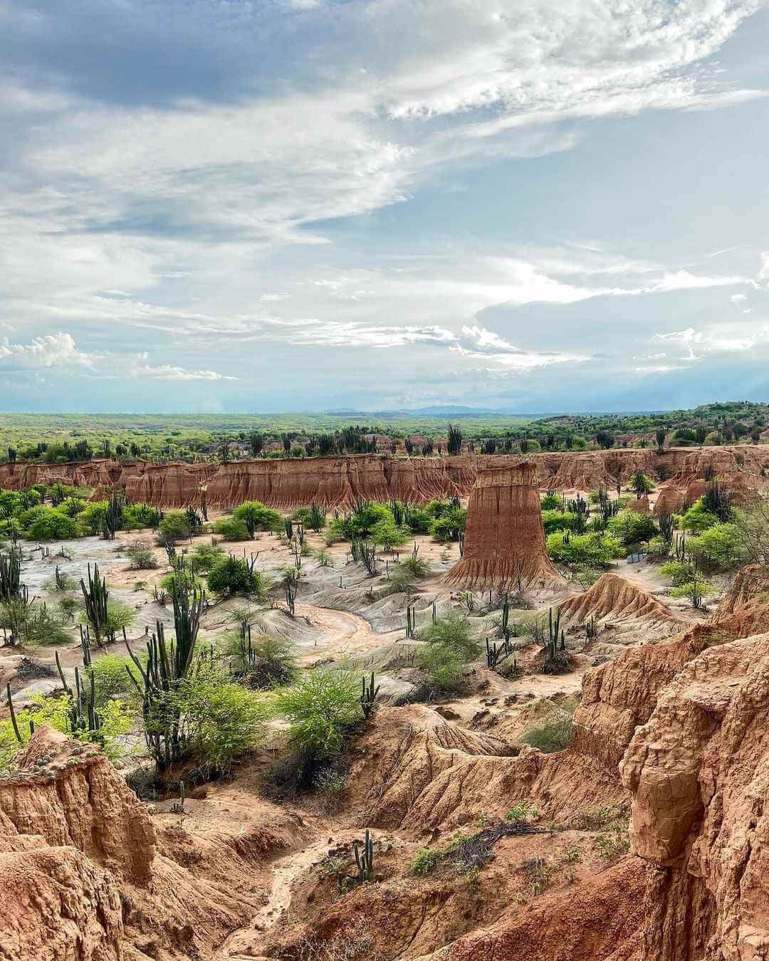 Vista panorámica del cañón del desierto de la Tatacoa bajo un cielo nublado