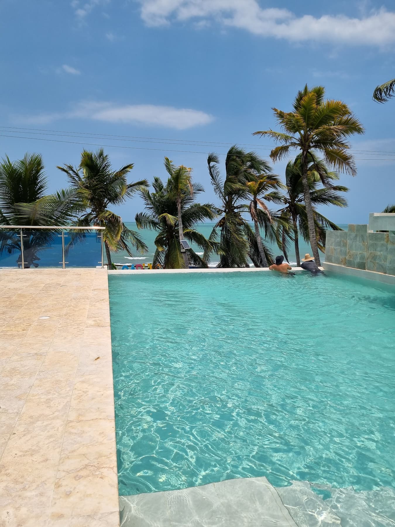 Piscina infinita de Apartahotel Acapulco con vista al mar y palmeras