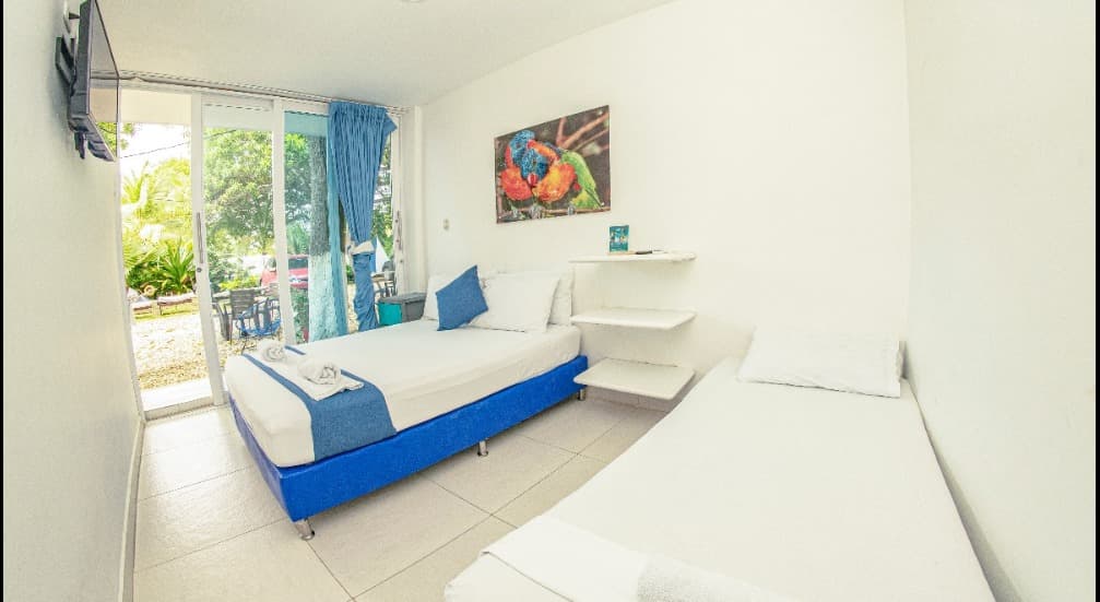 Habitación de Palma Linda con cuadro de guacamayas y salida a la terraza